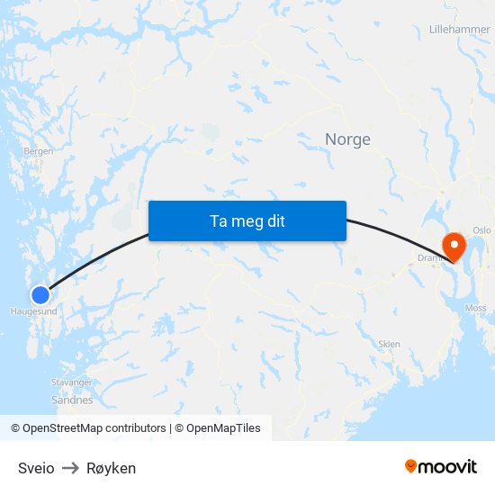 Sveio to Røyken map