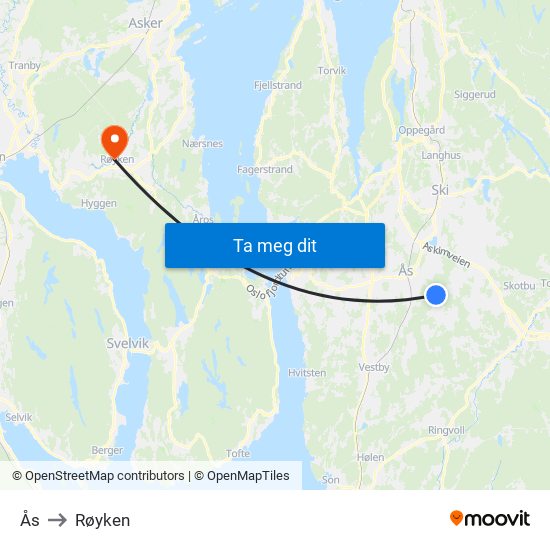 Ås to Røyken map