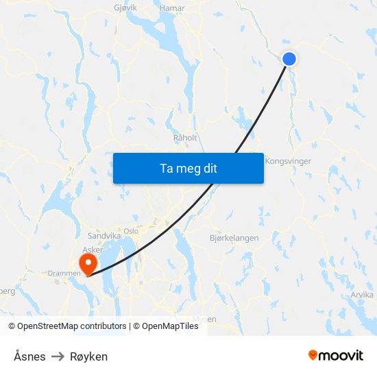 Åsnes to Røyken map