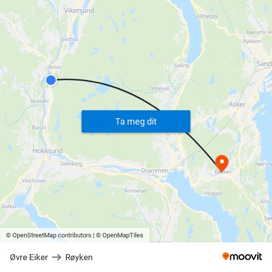 Øvre Eiker to Røyken map