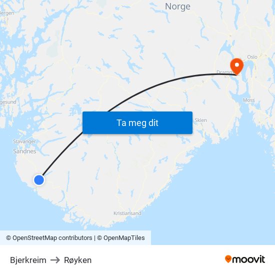 Bjerkreim to Røyken map