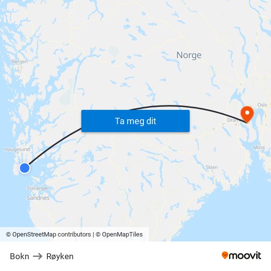 Bokn to Røyken map