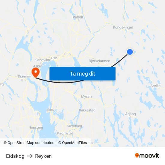 Eidskog to Røyken map