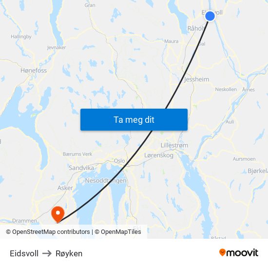 Eidsvoll to Røyken map