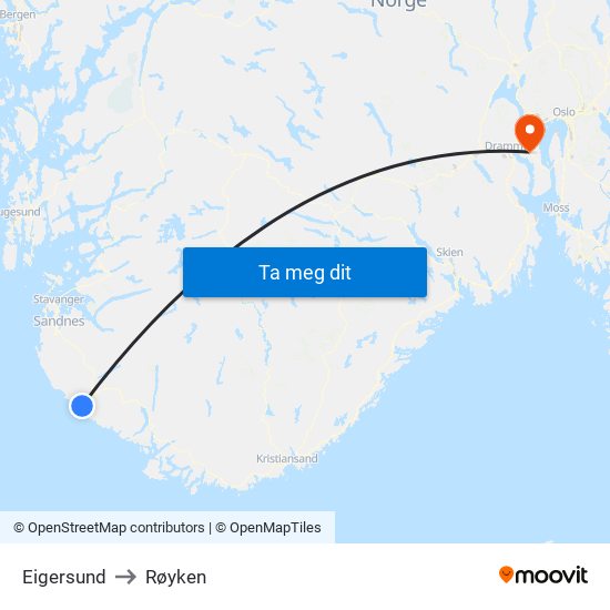Eigersund to Røyken map