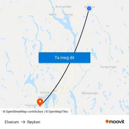 Elverum to Røyken map