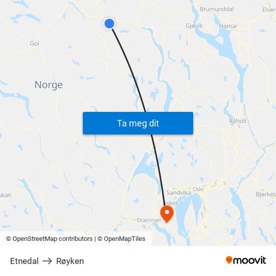 Etnedal to Røyken map