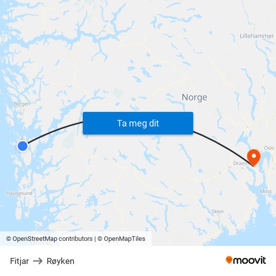 Fitjar to Røyken map