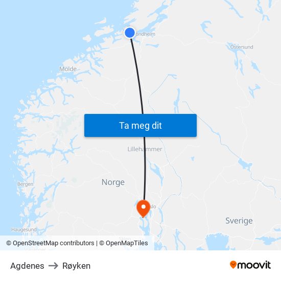 Agdenes to Røyken map