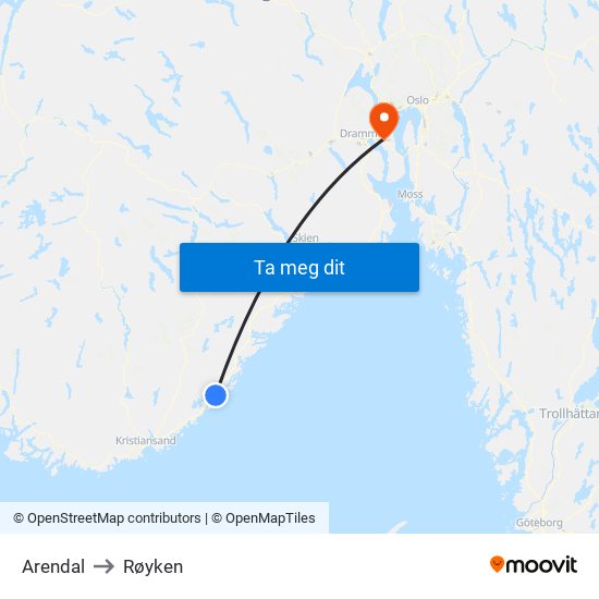 Arendal to Røyken map