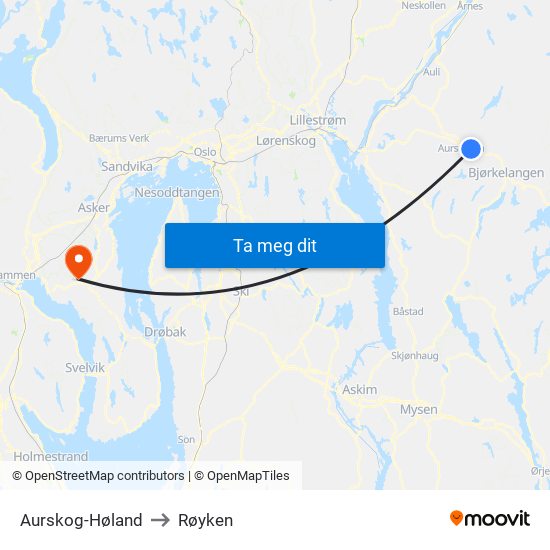 Aurskog-Høland to Røyken map