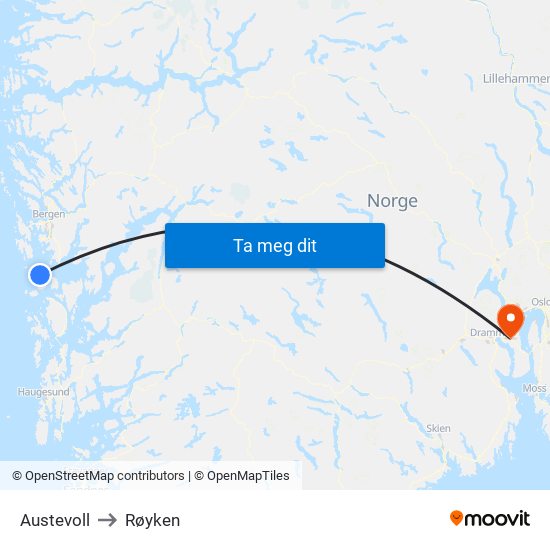 Austevoll to Røyken map