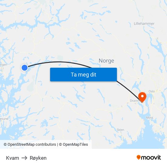 Kvam to Røyken map