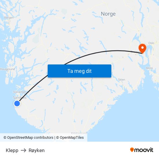 Klepp to Røyken map