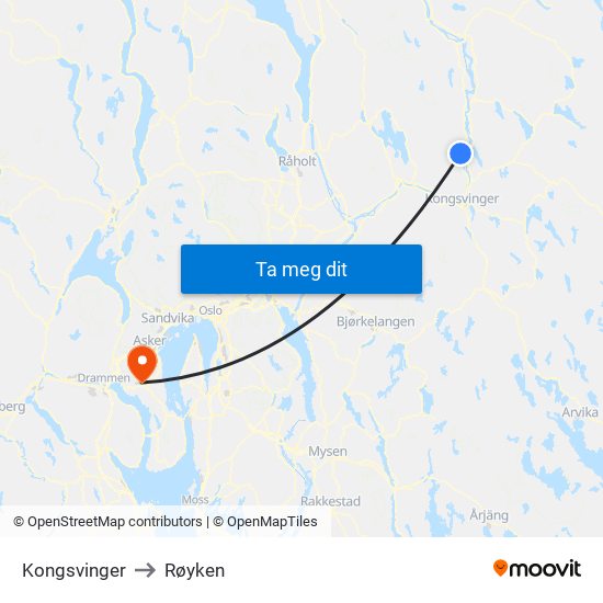 Kongsvinger to Røyken map