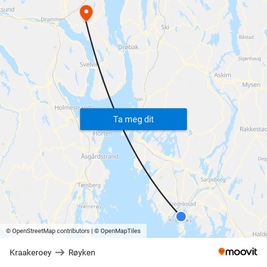 Kraakeroey to Røyken map
