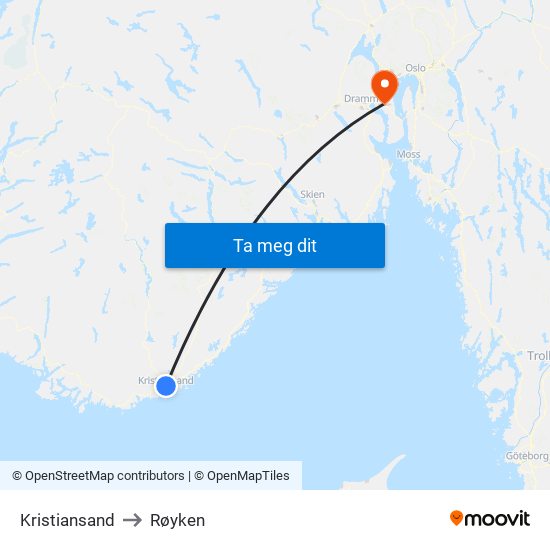 Kristiansand to Røyken map