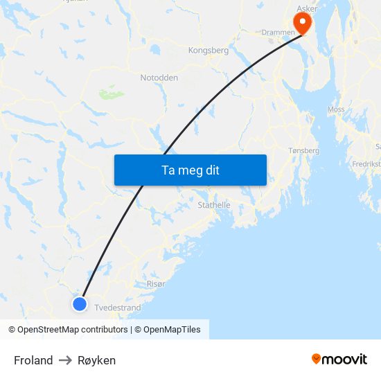 Froland to Røyken map