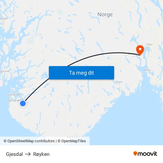 Gjesdal to Røyken map
