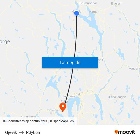 Gjøvik to Røyken map