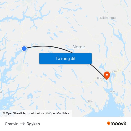 Granvin to Røyken map