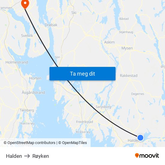 Halden to Røyken map