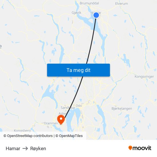 Hamar to Røyken map