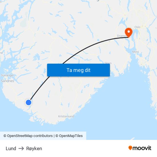 Lund to Røyken map