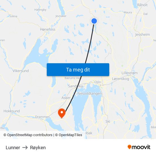 Lunner to Røyken map