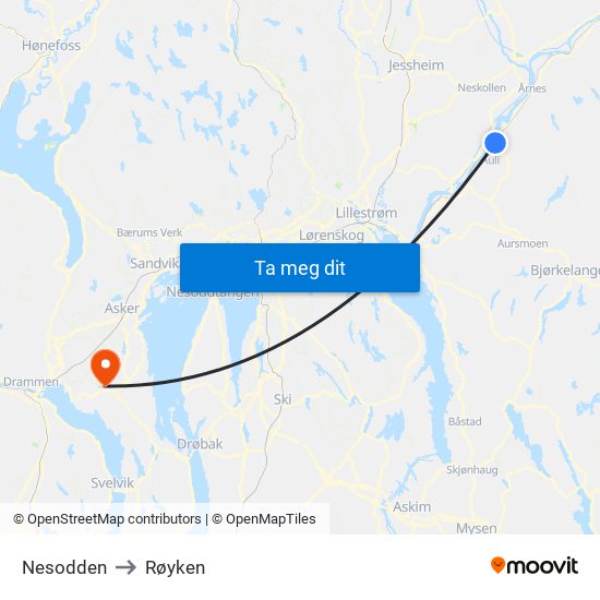 Nesodden to Røyken map