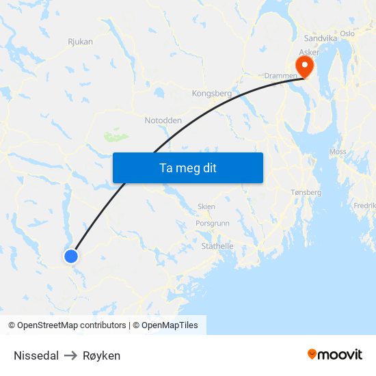 Nissedal to Røyken map