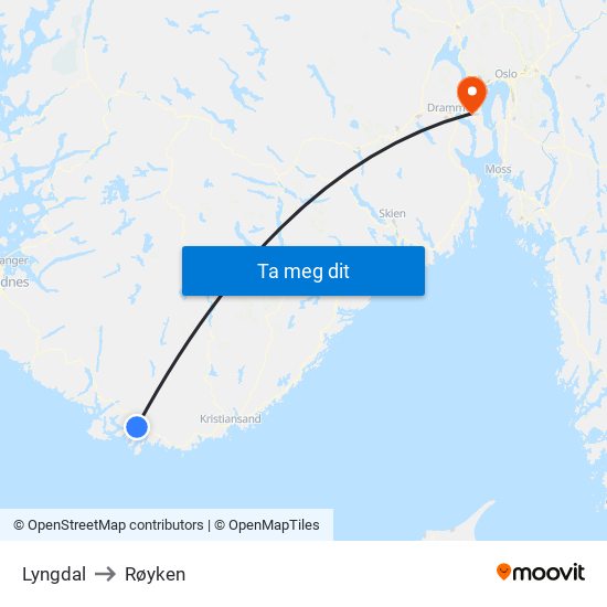 Lyngdal to Røyken map
