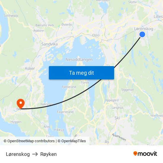Lørenskog to Røyken map