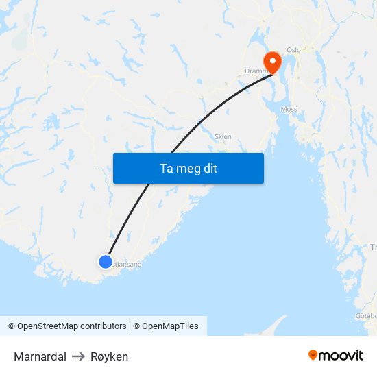Marnardal to Røyken map