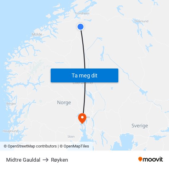 Midtre Gauldal to Røyken map