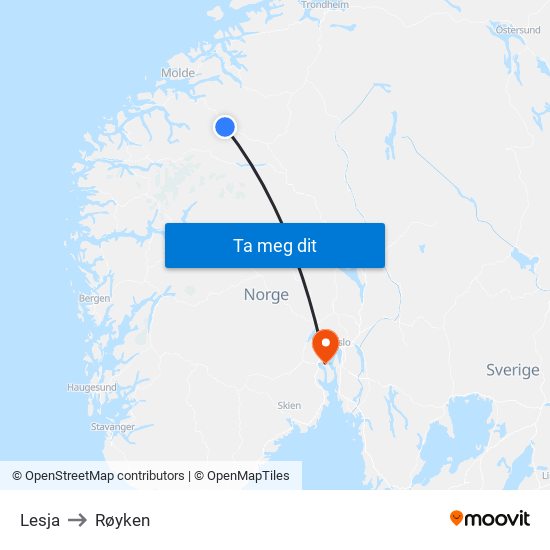 Lesja to Røyken map