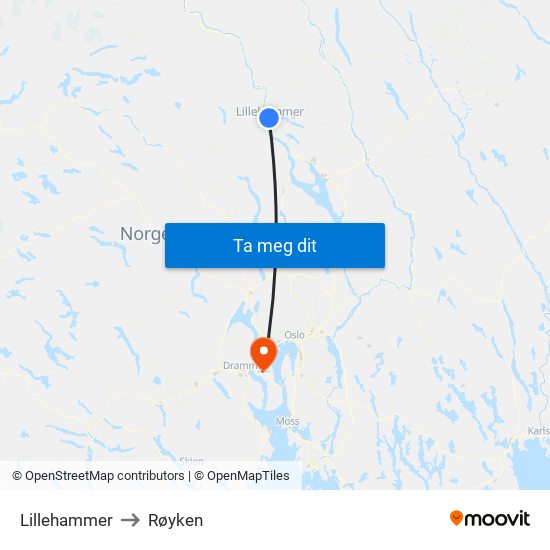 Lillehammer to Røyken map