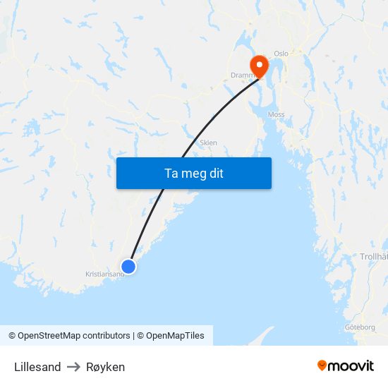 Lillesand to Røyken map