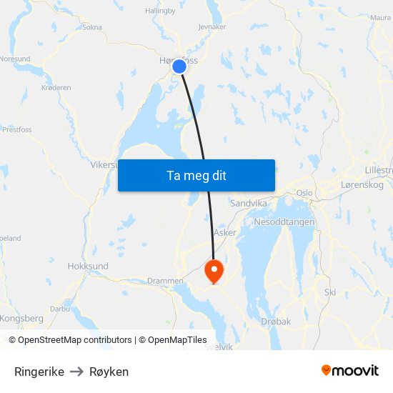 Ringerike to Røyken map