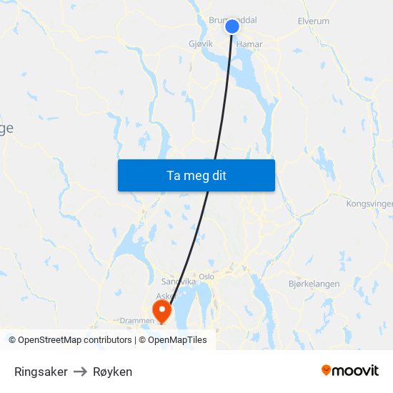 Ringsaker to Røyken map