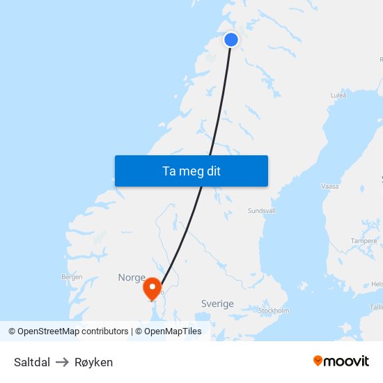 Saltdal to Røyken map