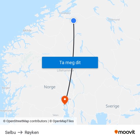 Selbu to Røyken map