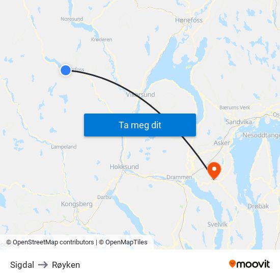 Sigdal to Røyken map