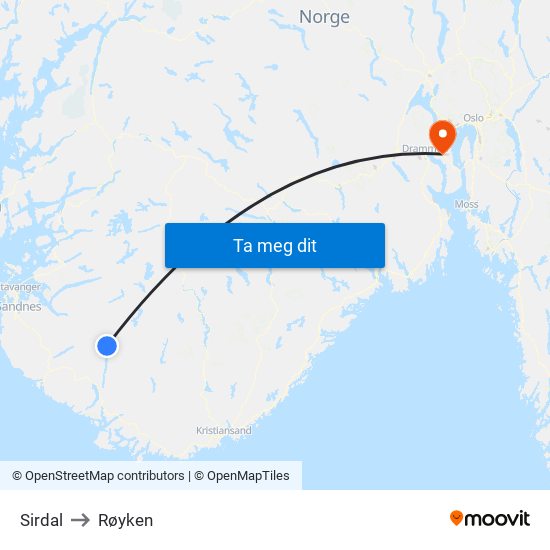 Sirdal to Røyken map