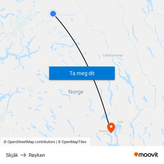 Skjåk to Røyken map