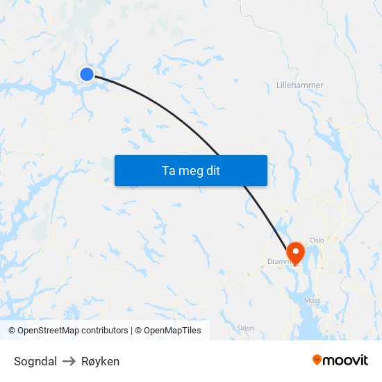 Sogndal to Røyken map