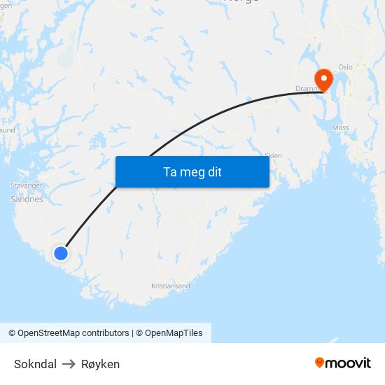 Sokndal to Røyken map