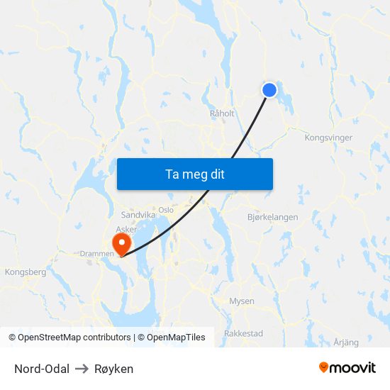 Nord-Odal to Røyken map