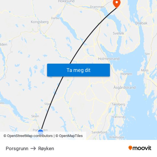 Porsgrunn to Røyken map