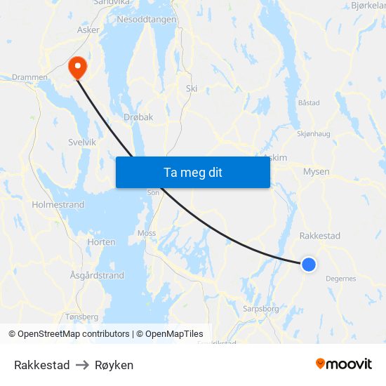 Rakkestad to Røyken map